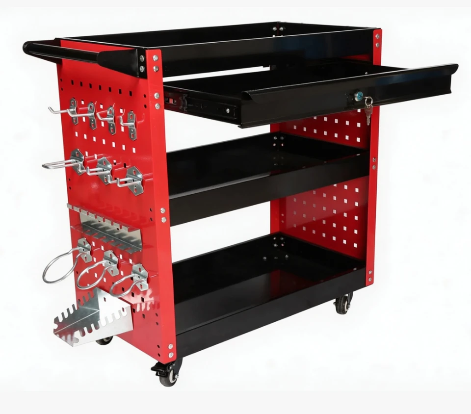 82747 Heavy-Duty 3-Tier Rolling Tool Cart With Lockable Drawer & Pegboard Side Panel factory