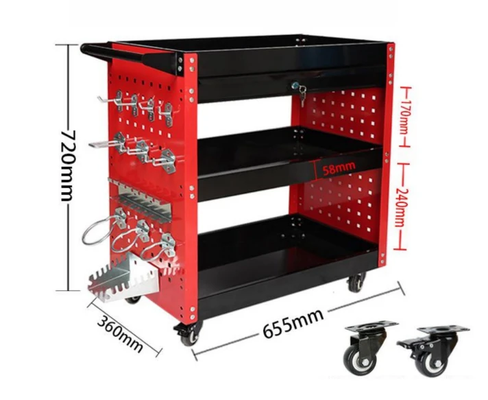 82747 Heavy-Duty 3-Tier Rolling Tool Cart With Lockable Drawer & Pegboard Side Panel