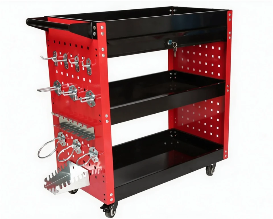 82747 Heavy-Duty 3-Tier Rolling Tool Cart With Lockable Drawer & Pegboard Side Panel suppliers